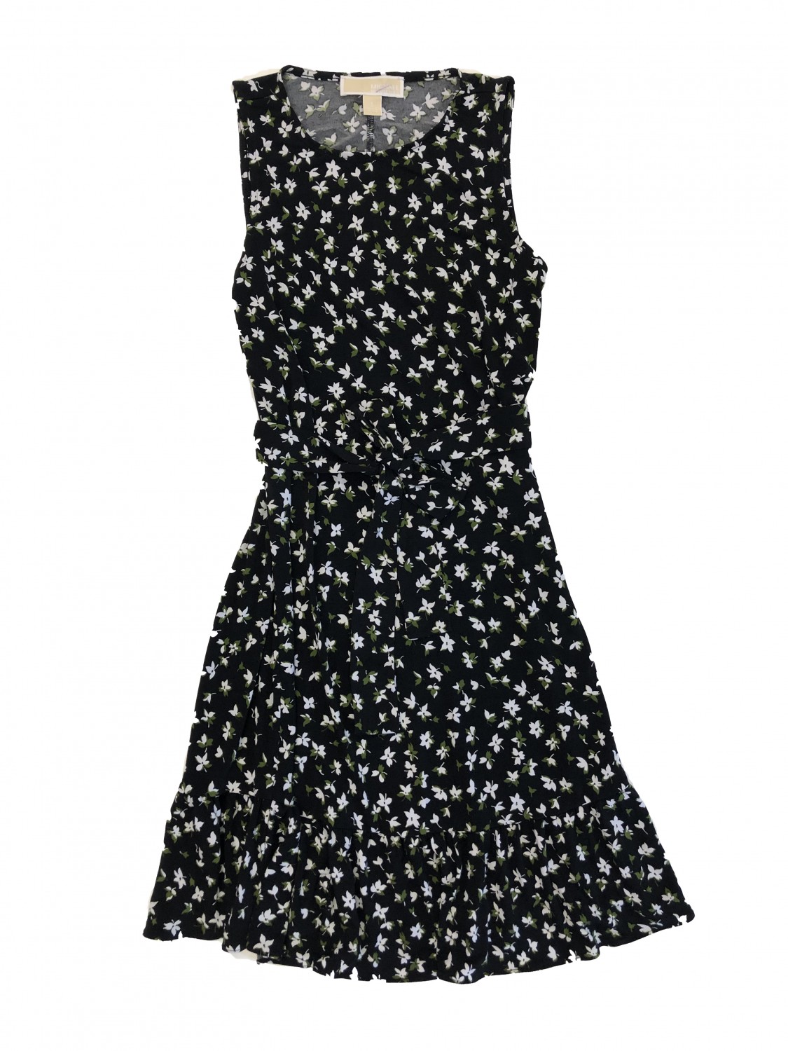 MICHEAL KORS SLEEVELESS BELTED RUFFLE DRESS; BLACK FLORAL - Charlotte ...